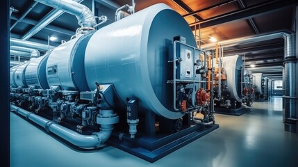 Interior of modern industrial boiler room with large metal tanks and pipes at industry factory.