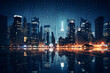 A city skyline with rain-blurred lights at night, illustrating the love and creation of urban atmospheres transformed by rainfall, love and creation