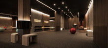 Modern Gym Interior Design. Luxury Fitness And Stretching Room With Wood Details And Black Ceiling. 3D Rendering, 3D Illustration