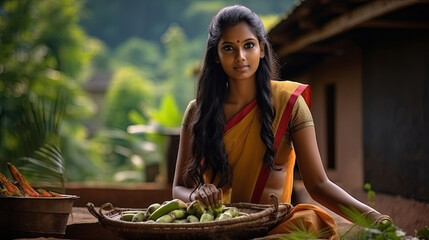 Indian young woman in a sari with a tray of harvested crops, against the backdrop of a village in the jungle.