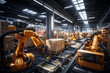 An interior view of a modern warehouse with robotic arms efficiently sorting and stacking packages, highlighting the role of automation in logistics. Generative Ai