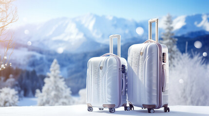 Travel concept. Suitcases, luggage, in winter lanscape. Time for vacation in the ski slopes. Blurred bokeh background with copy space.