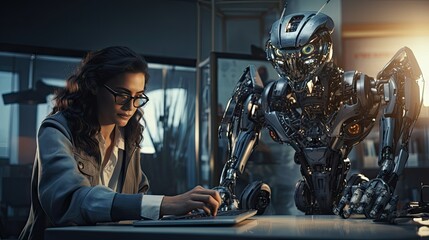 Female engineer examines robot's AI mechanism, searching for a solution. Using a laptop at an industrial technology factory