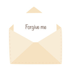 Wall Mural - Mail envelope with a sheet of paper with the inscription Forgive me. Illustration on transparent background