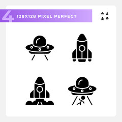 Wall Mural - Extraterrestrial life pixel perfect black glyph icons set on white space. Space exploration. First contact. Science fiction. Silhouette symbols. Solid pictogram pack. Vector isolated illustration