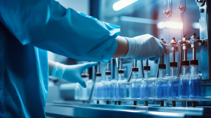 Wall Mural - Production line of pharmaceutical industry machine for filling bottles. hands of technician adjusting the vial and bottle production machine in a pharma plant. Generative Ai.