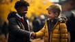 © Virtual Art Studio - Two children handshaking to each other for joining agreement to compete the sport with crowd background.