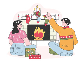 Poster - Characters celebrate christmas and new year. Family or cute couple