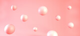 3d Pink bubbles or spheres backdrop. Pink balls on coral background. Abstract surreal realistic 3d render, banner design.