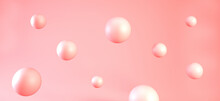 3d Pink Bubbles Or Spheres Backdrop. Pink Balls On Coral Background. Abstract Surreal Realistic 3d Render, Banner Design.