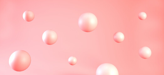 3d Pink bubbles or spheres backdrop. Pink balls on coral background. Abstract surreal realistic 3d render, banner design.