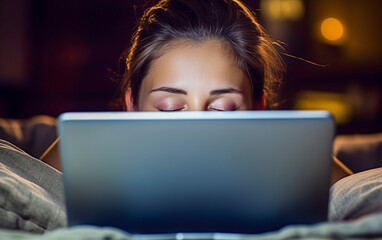 Overworked woman lying on laptop