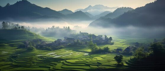 The countryside in the early morning, Terraced fields in Guangxi, rice paddies, houses.