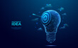 © AntonKhrupinArt - Abstract light bulb and target with arrow in bullseye in futuristic low poly wireframe style. Successful start-up and achievement concept. Blue hologram of lamp and aim. Polygonal vector illustration.
