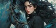 a black haired beautiful woman with pale and charming face, goth girl riding a black stalion horse, in the style of bold curves anime or game character design. generative AI