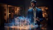 An architect at work of the future, developing a house plan in the form of a holographic projection, using modern and innovative technologies.
