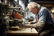 A senior man in his 60s wearing safety goggles, working in a shutter factory, He is using customized machinery for drilling joints into wood, 