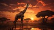 Anmutige Giraffe mit ihrem majestätischen Hals unter Akazienbäumen während des Sonnenuntergangs auf den afrikanischen Ebenen