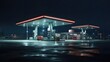 Nighttime refueling, convenience store, fuel pumps, glowing signage, after-hours pit stop. Generated by AI.