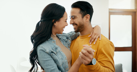 Poster - Dance, happy and a couple in a house for romance, love or support together. Funny, smile and a laughing man and woman with fun, honeymoon and bonding in a living room for a date, care or affection