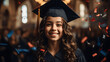 Happy female student celebrating graduation. Portrait of cheerful girl student in black graduation gown with cap, celebrating academic achievement