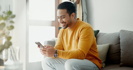 Poster - Man hands, phone texting and home with social media post, networking and online on a sofa. Mobile app, message and typing on a living room couch with digital entertainment and smile on tech in house