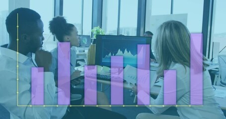 Poster - Animation of statistical data processing against group of diverse colleagues discussing at office