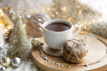 Wall Mural - Winter composition with a cup of cocoa and chocolate cookies.