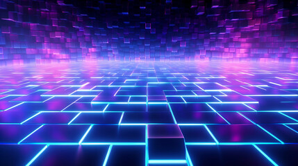 Wall Mural - Neon glow cyan blue and purple perspective grid room, cyberspace, digital techonology and VR concept, retro future abstract background.