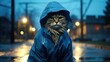 A cat in a blue raincoat stands on a wet