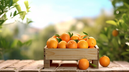 Fresh oranges in crate on the wooden table and blurred orange farm on the background, mock up product display.