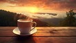 A cup of coffee with the sun setting behind it