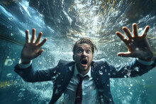 Stressed And Desperate Businessman Underwater At Workplace, Suffering From Burnout, Sinks Due To Excessive Work, Mental Load, Economic Crisis, Bankruptcy, Depression And Recession - Panic On Finance