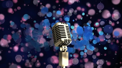 Wall Mural - Animation of microphone over purple and blue spots of light against black background with copy space