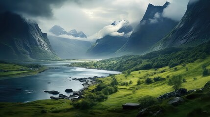 Poster - mountain norwegian fjords dramatic illustration water scandinavia, coast fjord, nordic north mountain norwegian fjords dramatic