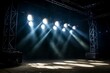 Illuminated spotlights cast light on a stage in a club. Generative AI