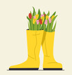 Flowers in wellies concept. Yellow rubber boots with bouquet. Aesthetics and elegance. Sticker for social networks and messengers. Cartoon flat vector illustration isolated on yellow background