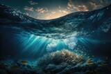 Fototapeta Do akwarium - Underwater view of coral reef with fish and ocean wave at sunset rays