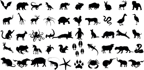 Wall Mural - Animal Silhouette or Logo Collection isolated on white background. Lion, Elephant, Tiger, Giraffe, Cheetah, Bear, Gorilla, Zebra, Kangaroo, Penguin, Wolf. Fully customizable vector illustrations