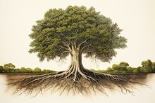 Illustrated Depiction Of A Large Tree With Roots Planted In The Soil. Generative AI