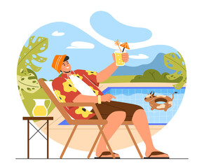 Man sitting on pool chair concept. Young guy near swimming pool with cold drink. Character vacationing in tropical and exotic country. Travel and tourism. Cartoon flat vector illustration