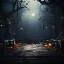 Halloween Background. Spooky Forest With Full Moon And Wooden Table, Ai Technology