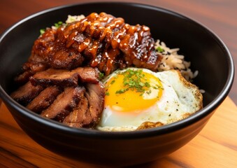 Wall Mural - Pork and egg rice bowl with sweet sauce, with a close-up on the caramelized edges of the pork slices and the glistening yolk of the boiled egg