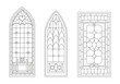 Stained glass windows line set. Minimalist frames for church building. Cathedral mosaic. Facade and exterior elements. Cartoon flat vector collection isolated on white background