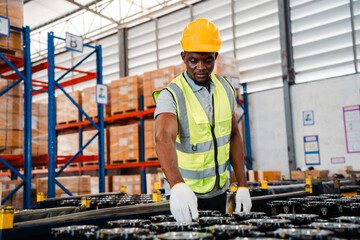 industrial occupation black man working in storage warehouse, African American business male in logistic storehouse factory, job of goods box shipping to stock delivery distribution industry to global