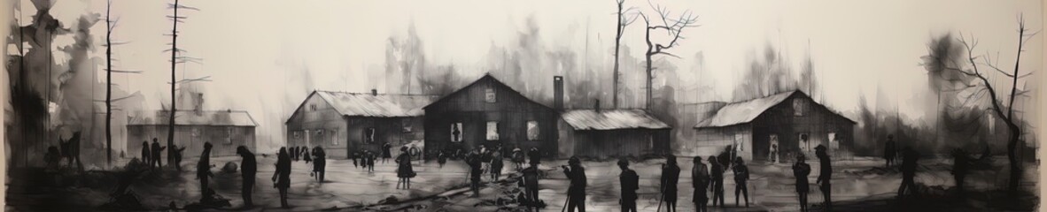 Wall Mural - Dark WWII prison camp with prisoners as silhouettes illustration (1939-1945)