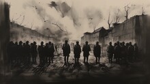 Dark WWII Prison Camp With Prisoners As Silhouettes Illustration (1939-1945)