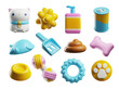 3d rendering set pets toys, accessories and food, cute bowl, bone other grooming stuff, vector canine or feline care