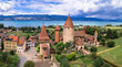 Switzerland scenic places. Estavayer-le-lac - charming traditional village, lake Neuchatel. aerial drone video of medieval castle. Canton Fribourg.