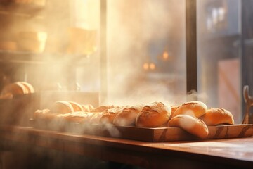 Background of a bakery with a hazy effect and bread on table in the front. Generative AI